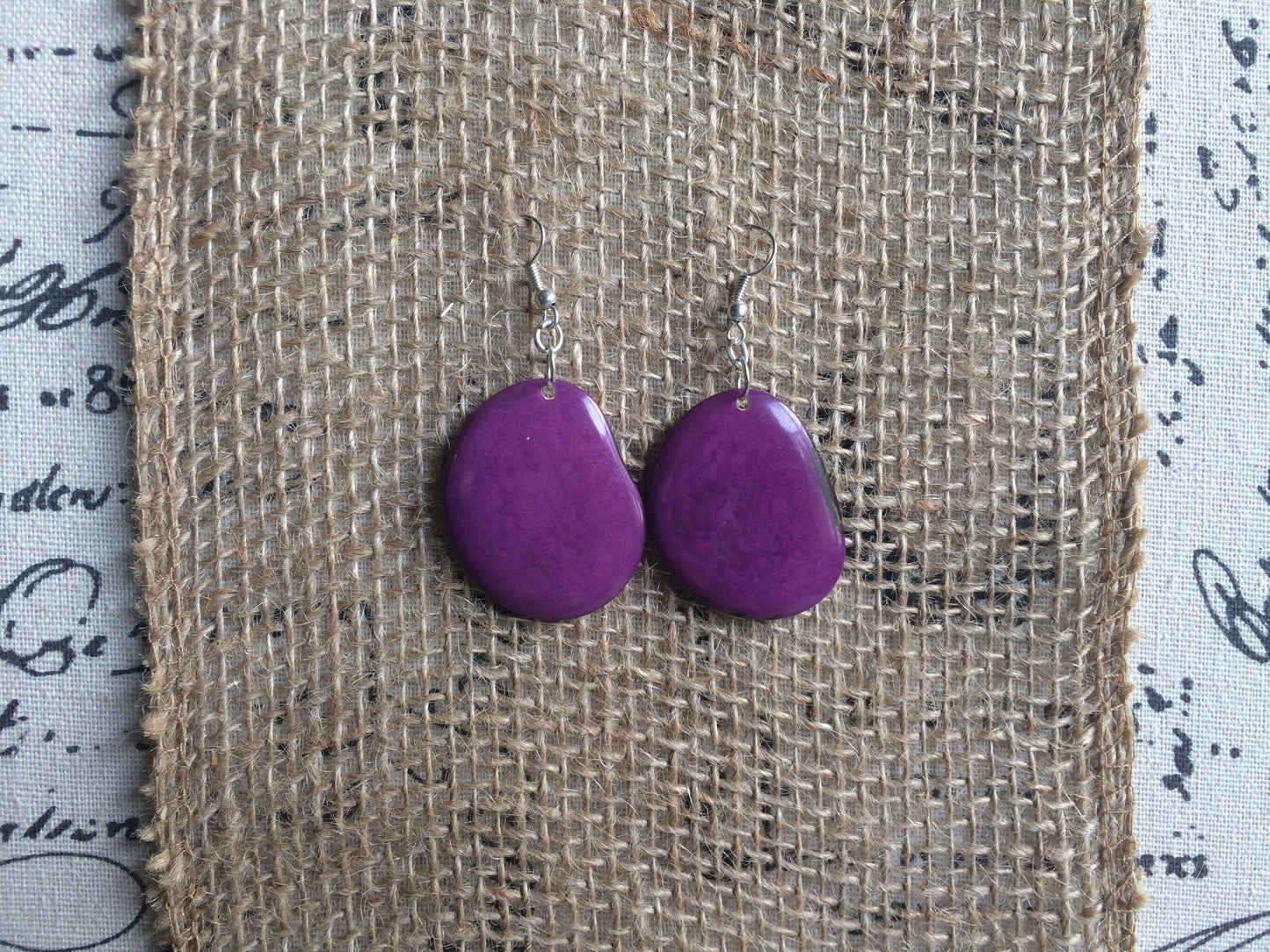 Tagua earrings Big purple earrings dangle Easter jewelry Artisan handmade beads from Ecuador Lightweight dangles Spring fashion style