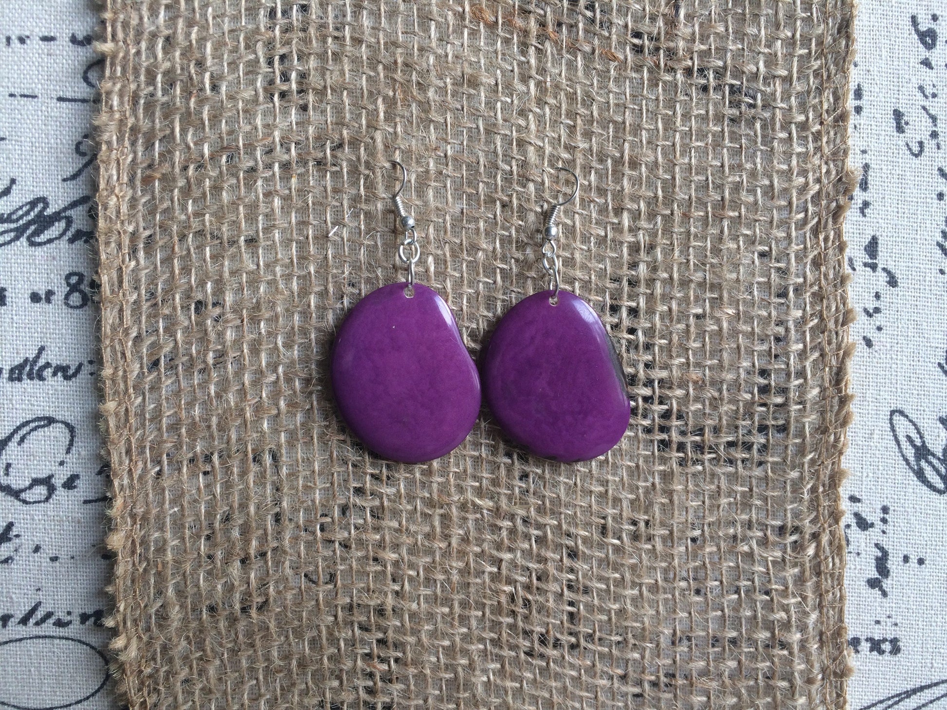 Tagua earrings Big purple earrings dangle Easter jewelry Artisan handmade beads from Ecuador Lightweight dangles Spring fashion style