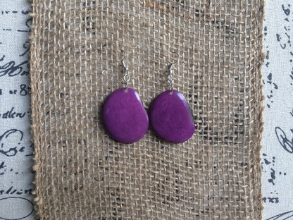 Tagua earrings Big purple earrings dangle Easter jewelry Artisan handmade beads from Ecuador Lightweight dangles Spring fashion style