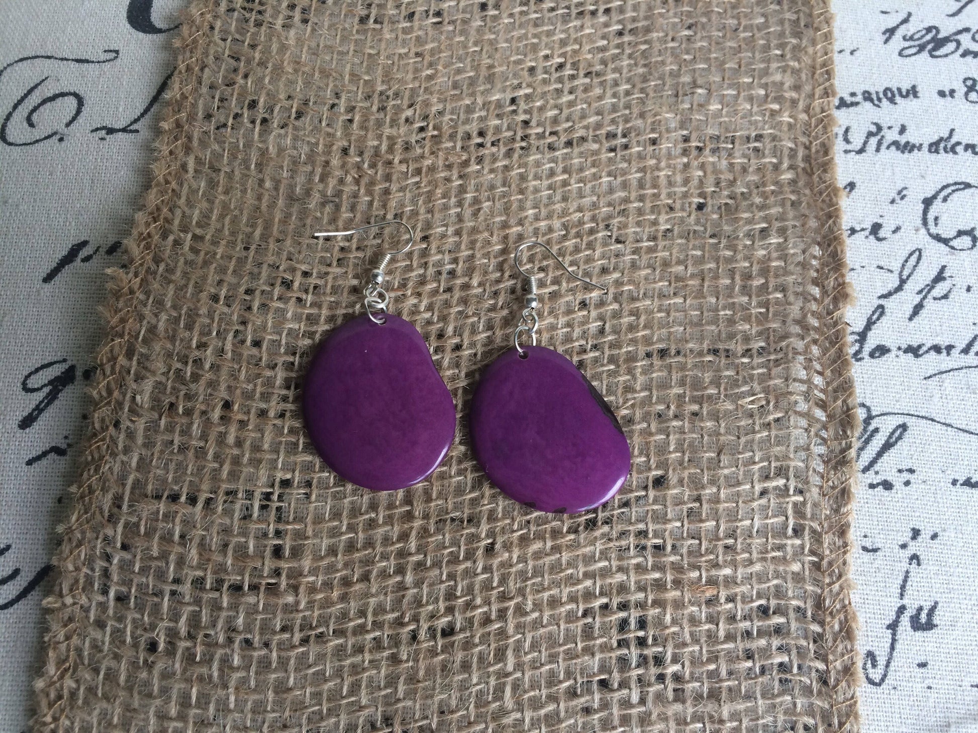 Tagua earrings Big purple earrings dangle Easter jewelry Artisan handmade beads from Ecuador Lightweight dangles Spring fashion style