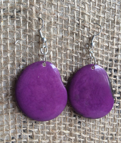 Tagua earrings Big purple earrings dangle Easter jewelry Artisan handmade beads from Ecuador Lightweight dangles Spring fashion style