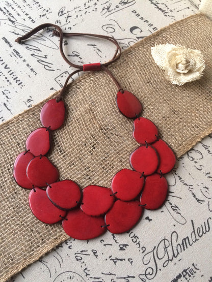 Red Tagua necklace Big bold chunky necklace statement Summer fashion style Anniversary gift for wife Double layer bib Two 2 strand collar