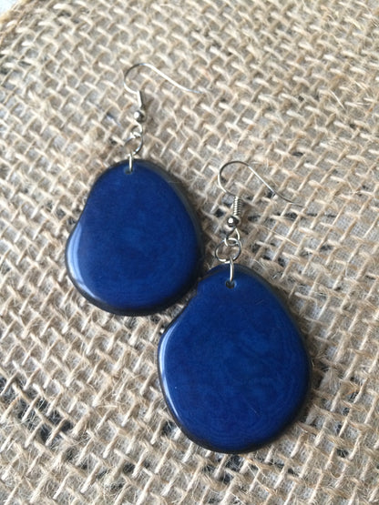 Tagua earrings Big blue earrings Huge bead statement drops Artisan handmade in Ecuador Oversized beads Unusual dangles Summer wedding beach