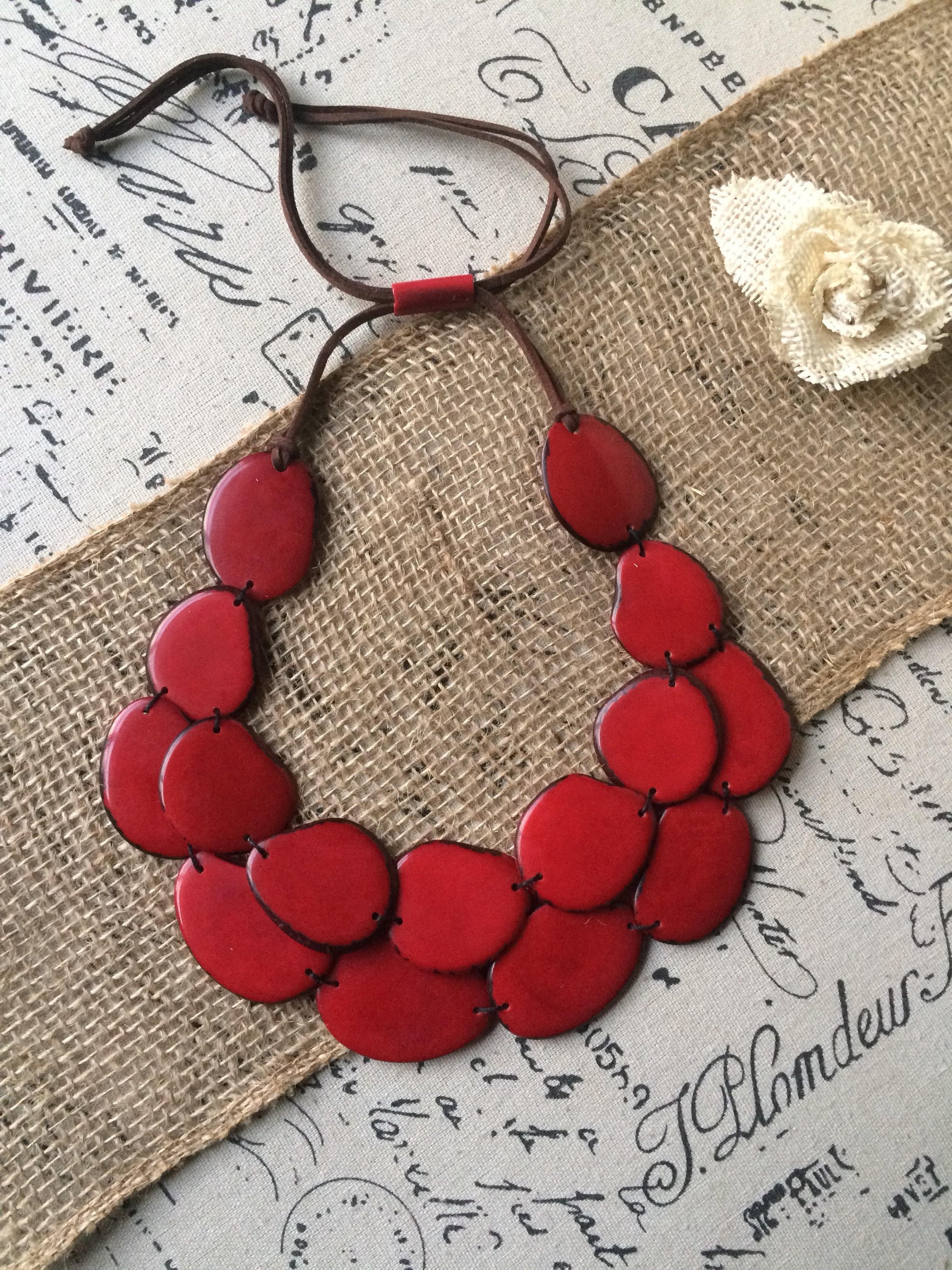 Red Tagua necklace Big bold chunky necklace statement Summer fashion style Anniversary gift for wife Double layer bib Two 2 strand collar