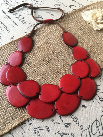 Red Tagua necklace Big bold chunky necklace statement Summer fashion style Anniversary gift for wife Double layer bib Two 2 strand collar