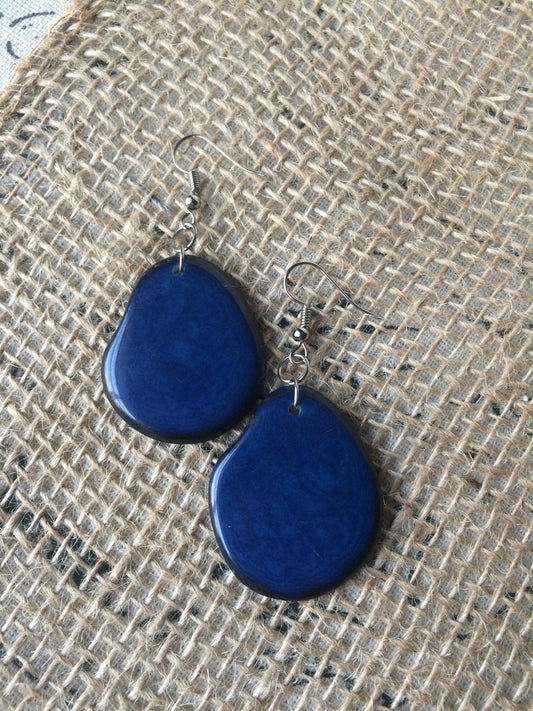Tagua earrings Big blue earrings Huge bead statement drops Artisan handmade in Ecuador Oversized beads Unusual dangles Summer wedding beach