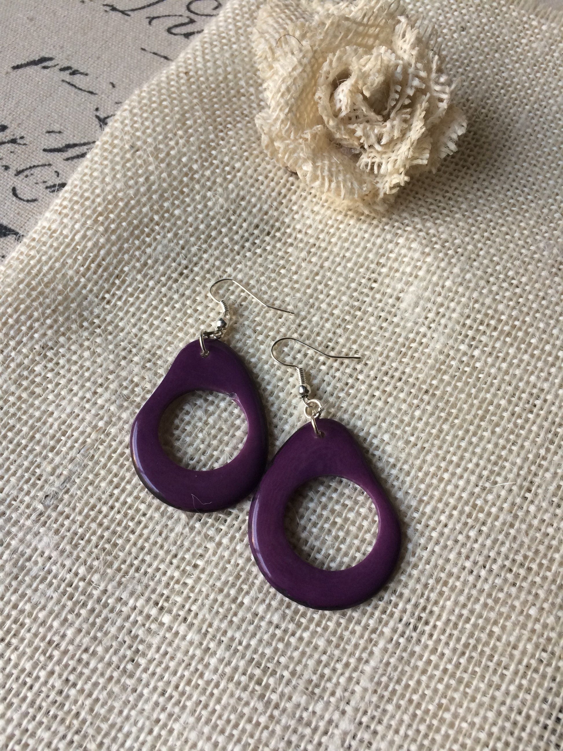 Big purple earrings Tagua jewelry Beaded hoops Unusual oversized jewelry Long drop earrings Mod large dangle earrings Fall fashion Stockings