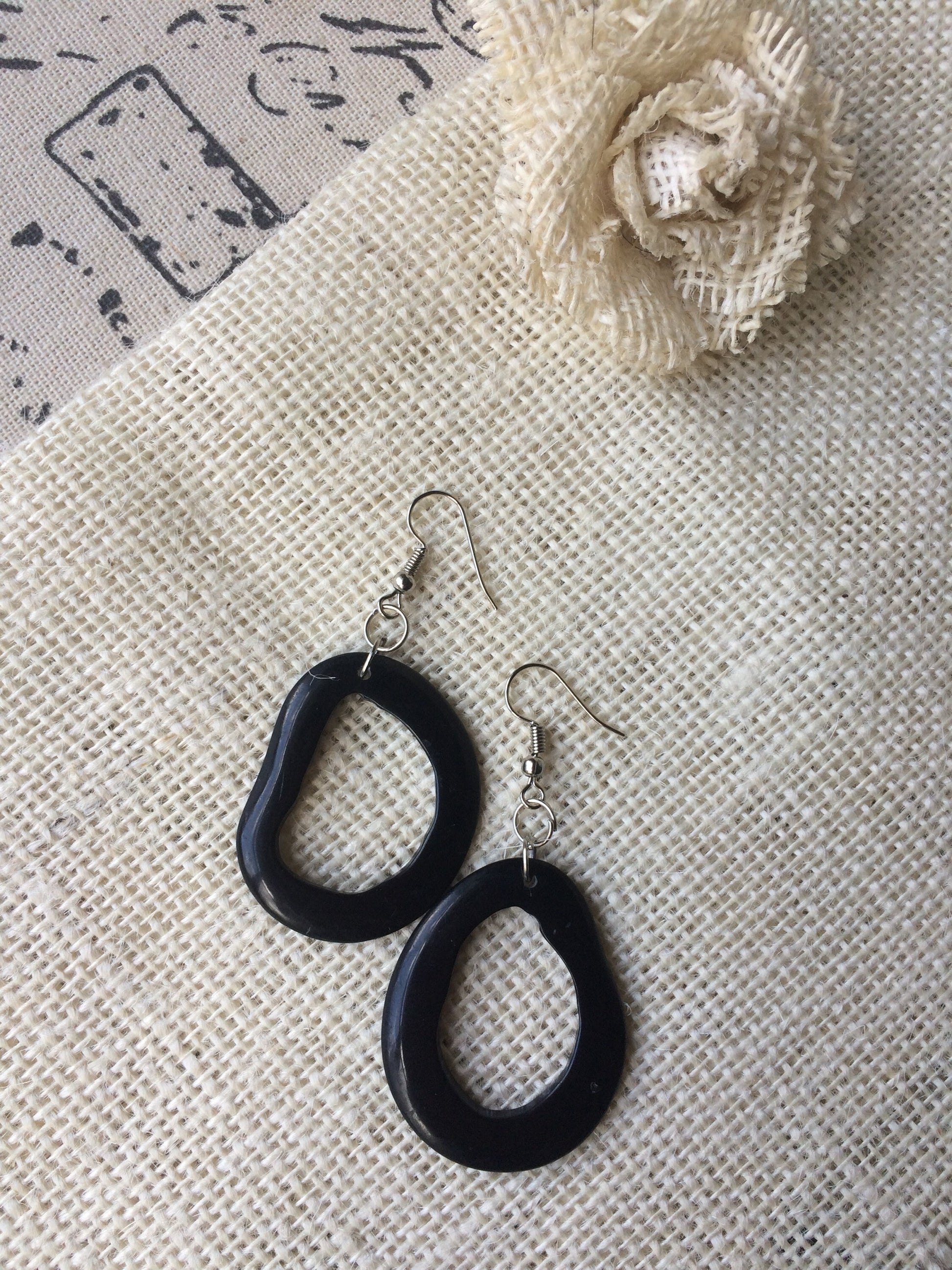 Black modern retro earrings Tagua jewelry Dangly cutout earrings Statement dangle earring Everyday lightweight Boho mod hoops Handmade drops