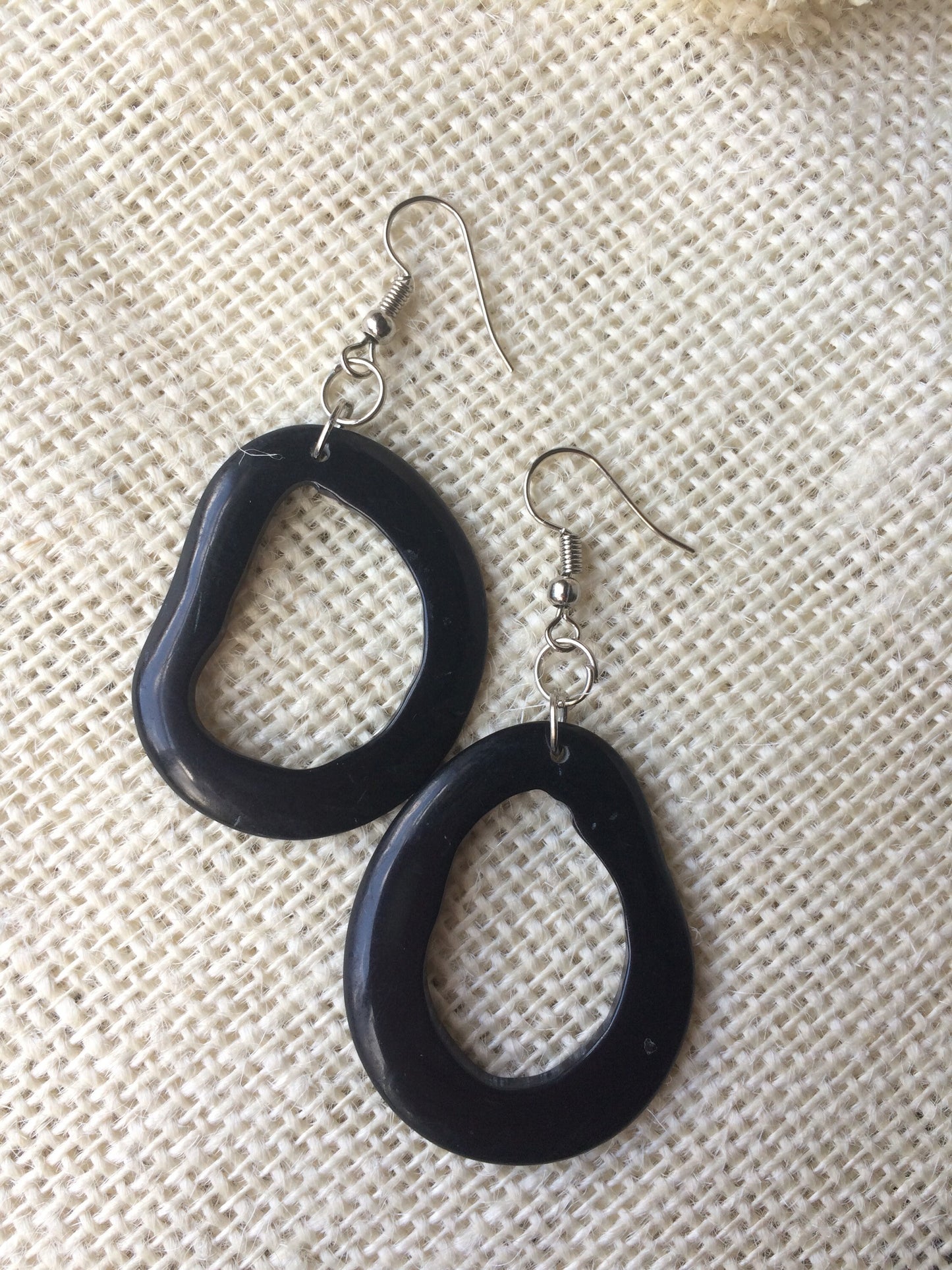 Black modern retro earrings Tagua jewelry Dangly cutout earrings Statement dangle earring Everyday lightweight Boho mod hoops Handmade drops