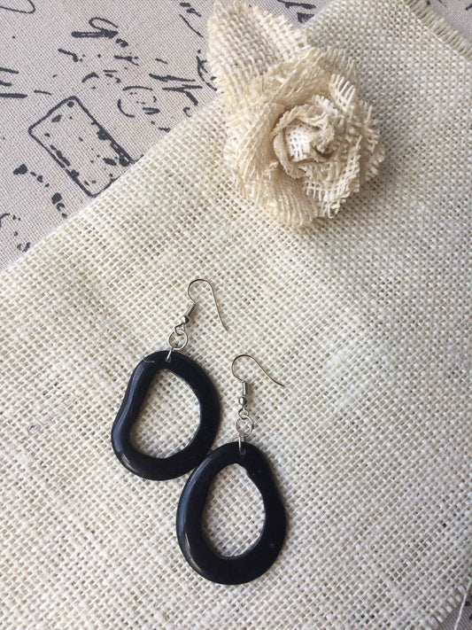 Black modern retro earrings Tagua jewelry Dangly cutout earrings Statement dangle earring Everyday lightweight Boho mod hoops Handmade drops
