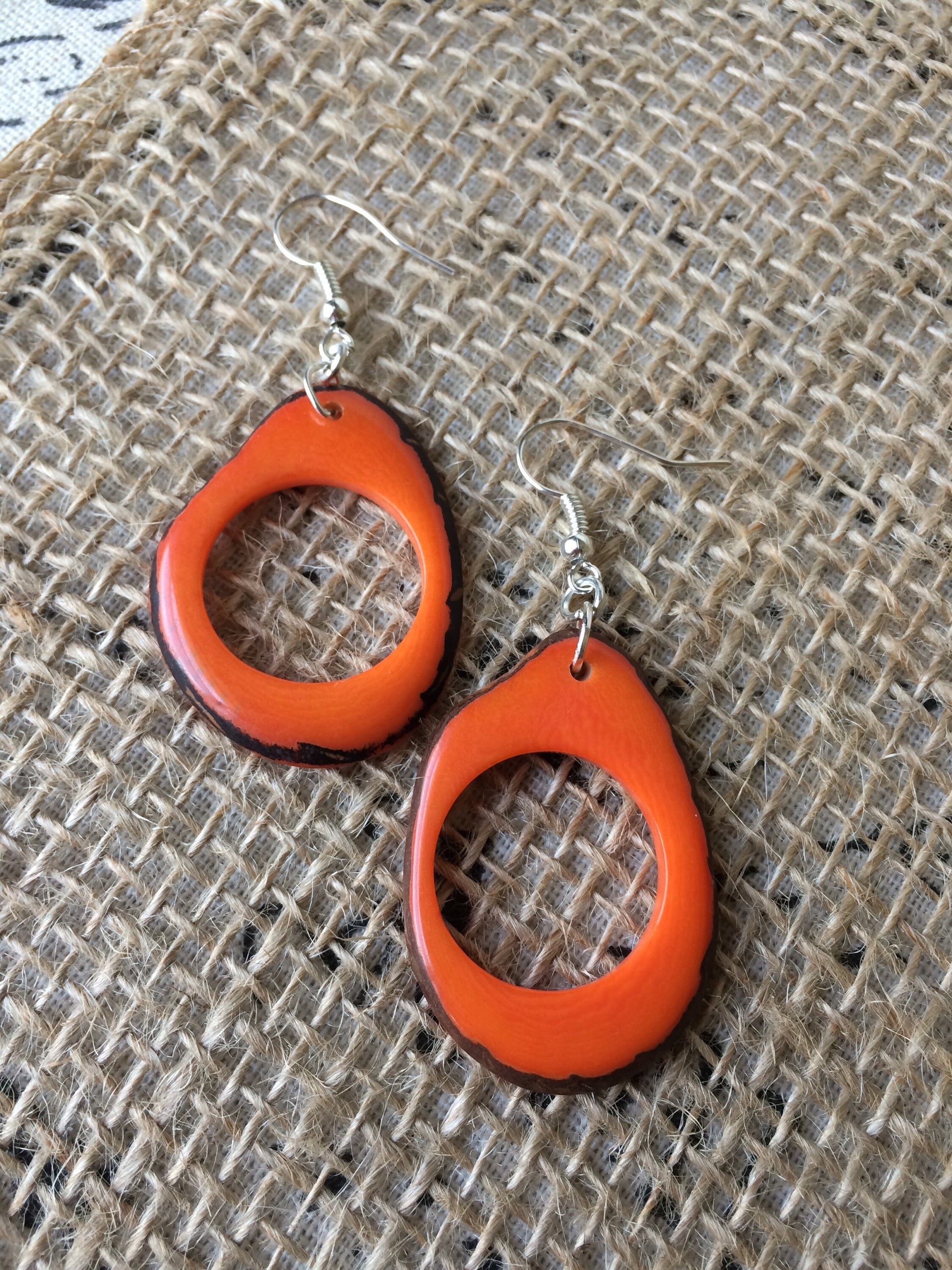 Tagua earrings for Fall Orange earrings Huge hoops Handmade oversized earring Mod boho fashion Halloween trends Gifts under 15 For autumn