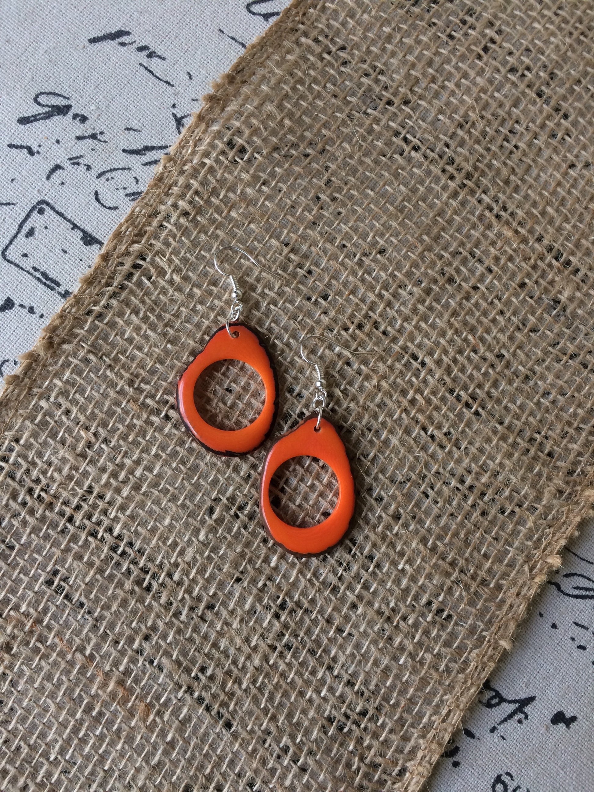 Tagua earrings for Fall Orange earrings Huge hoops Handmade oversized earring Mod boho fashion Halloween trends Gifts under 15 For autumn