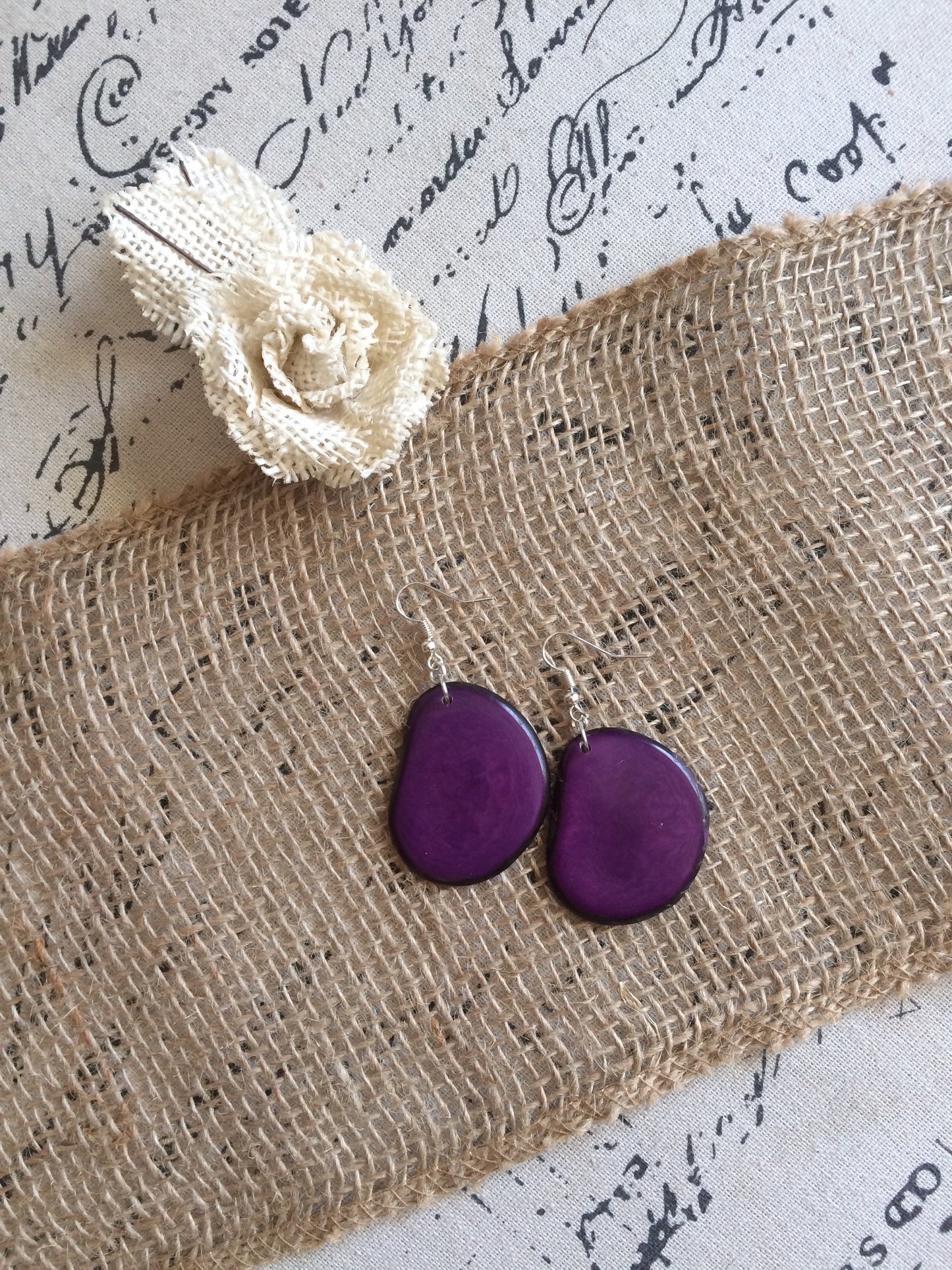 Tagua earrings Big purple earrings dangle Easter jewelry Artisan handmade beads from Ecuador Lightweight dangles Spring fashion style