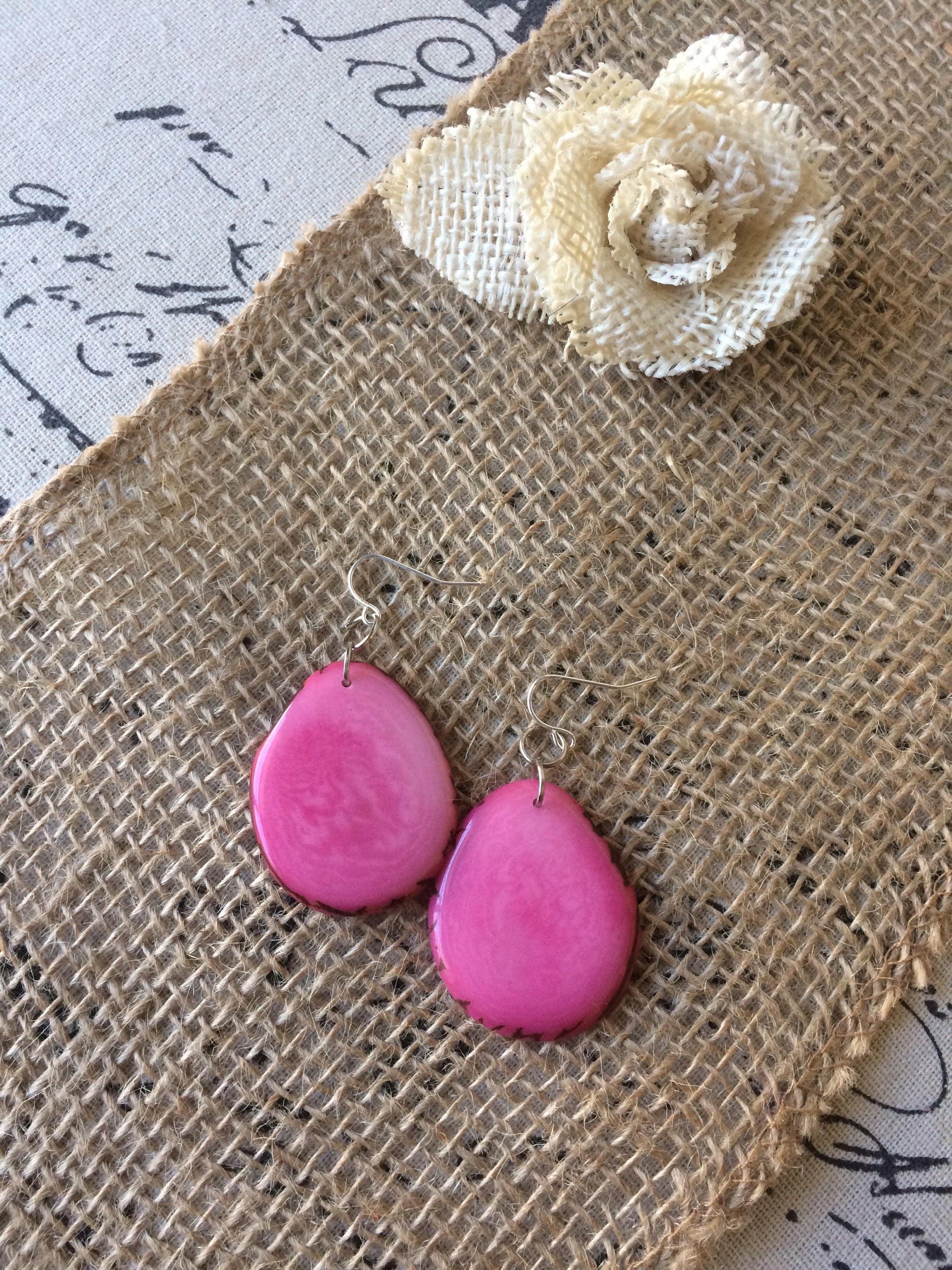 Tagua earrings Big pink earrings Eco friendly jewelry Handmade in Ecuador Custom jewelry for mom Statement jewelry for spring summer beach