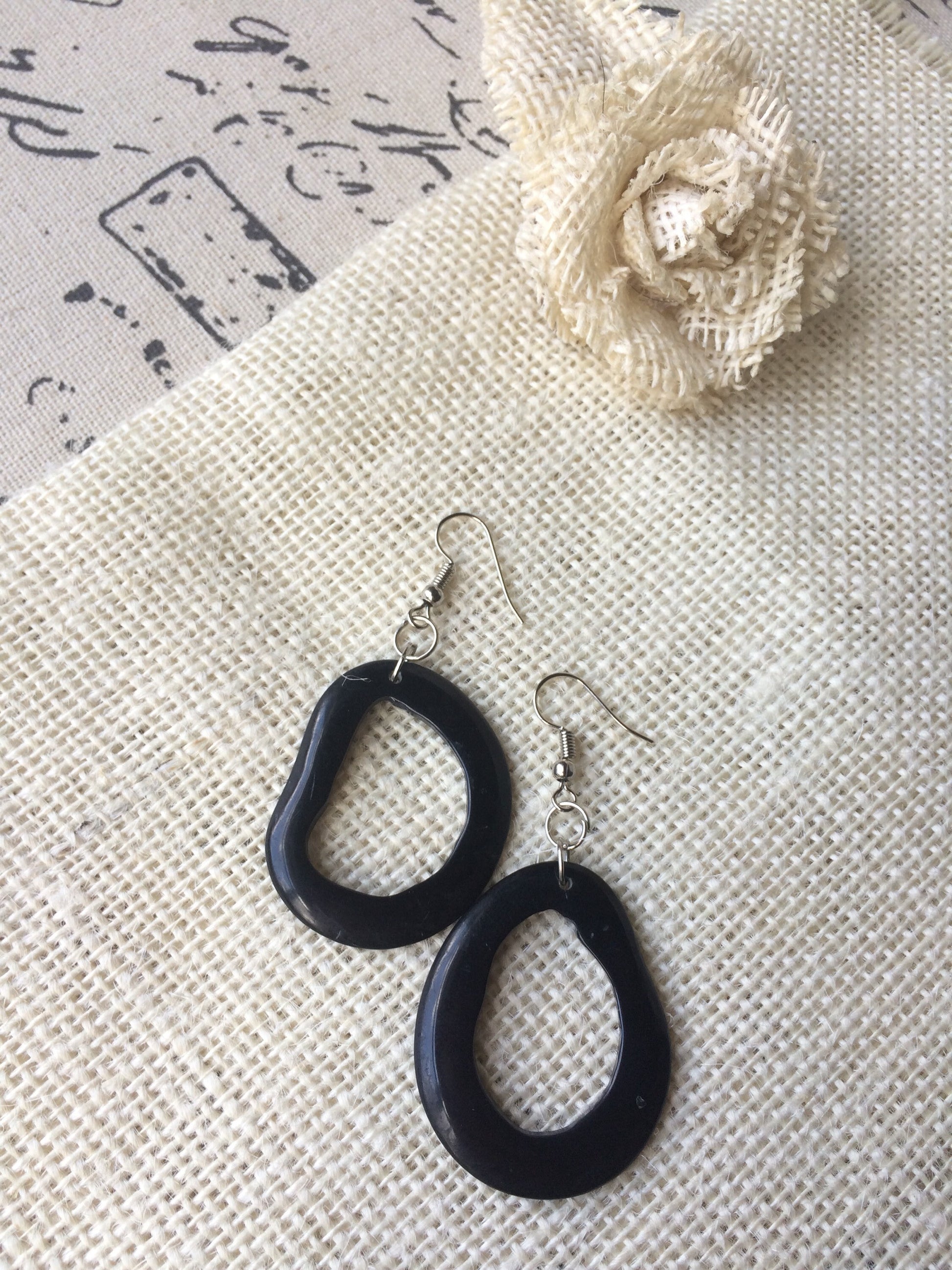 Black modern retro earrings Tagua jewelry Dangly cutout earrings Statement dangle earring Everyday lightweight Boho mod hoops Handmade drops