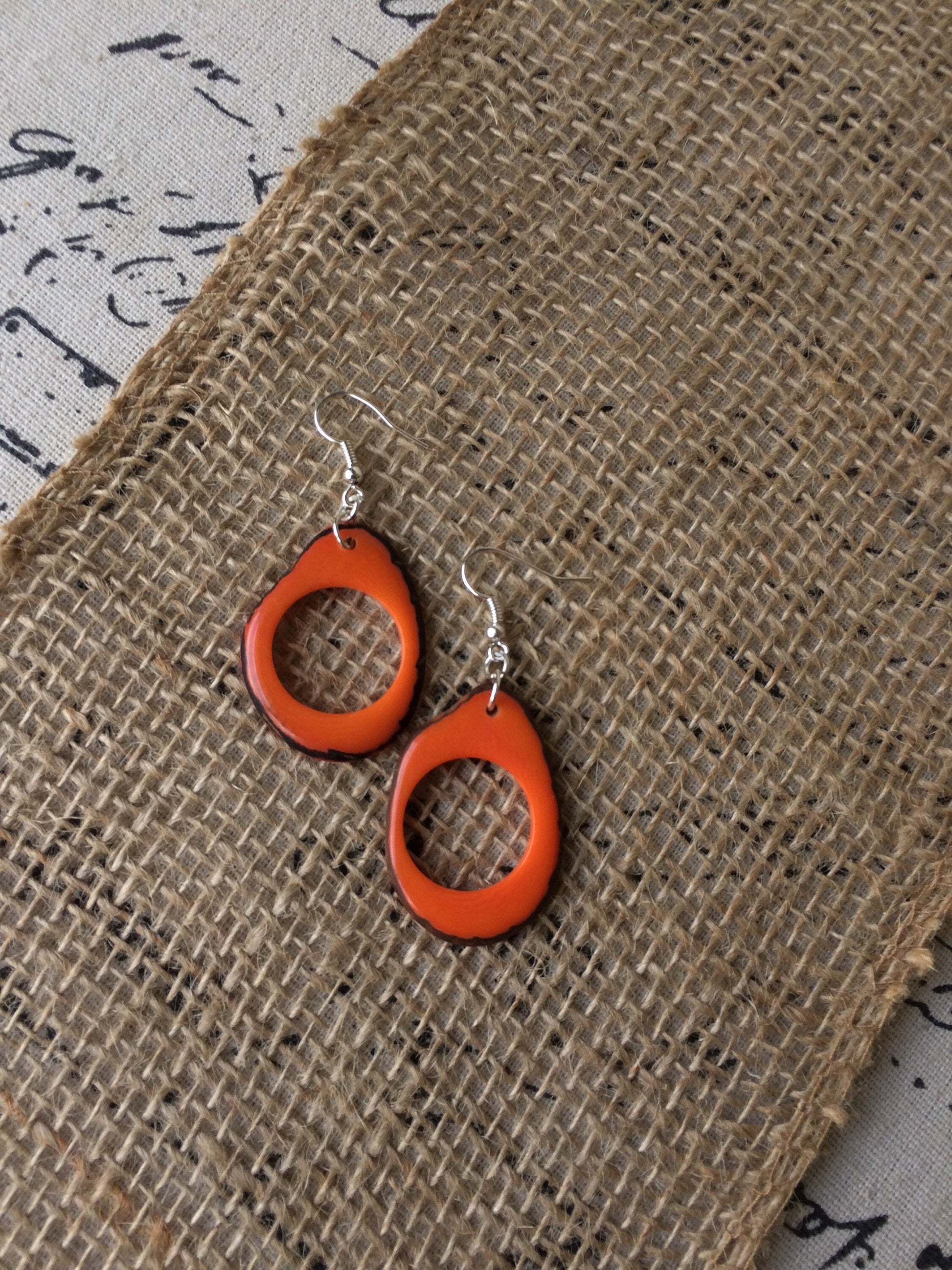 Tagua earrings for Fall Orange earrings Huge hoops Handmade oversized earring Mod boho fashion Halloween trends Gifts under 15 For autumn