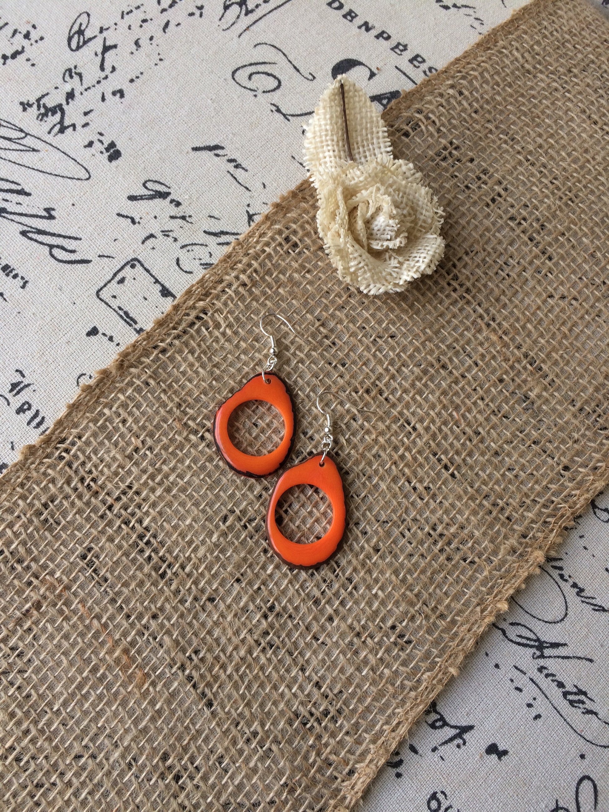 Tagua earrings for Fall Orange earrings Huge hoops Handmade oversized earring Mod boho fashion Halloween trends Gifts under 15 For autumn
