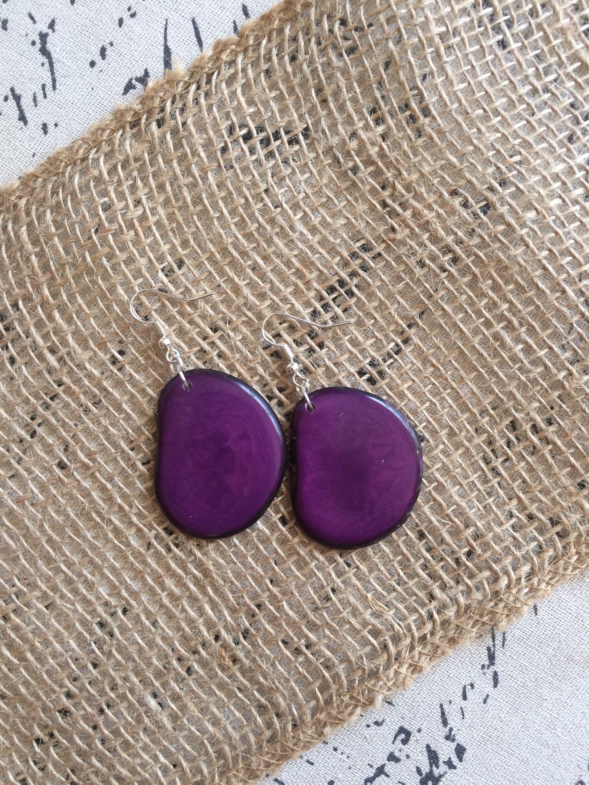 Tagua earrings Big purple earrings dangle Easter jewelry Artisan handmade beads from Ecuador Lightweight dangles Spring fashion style