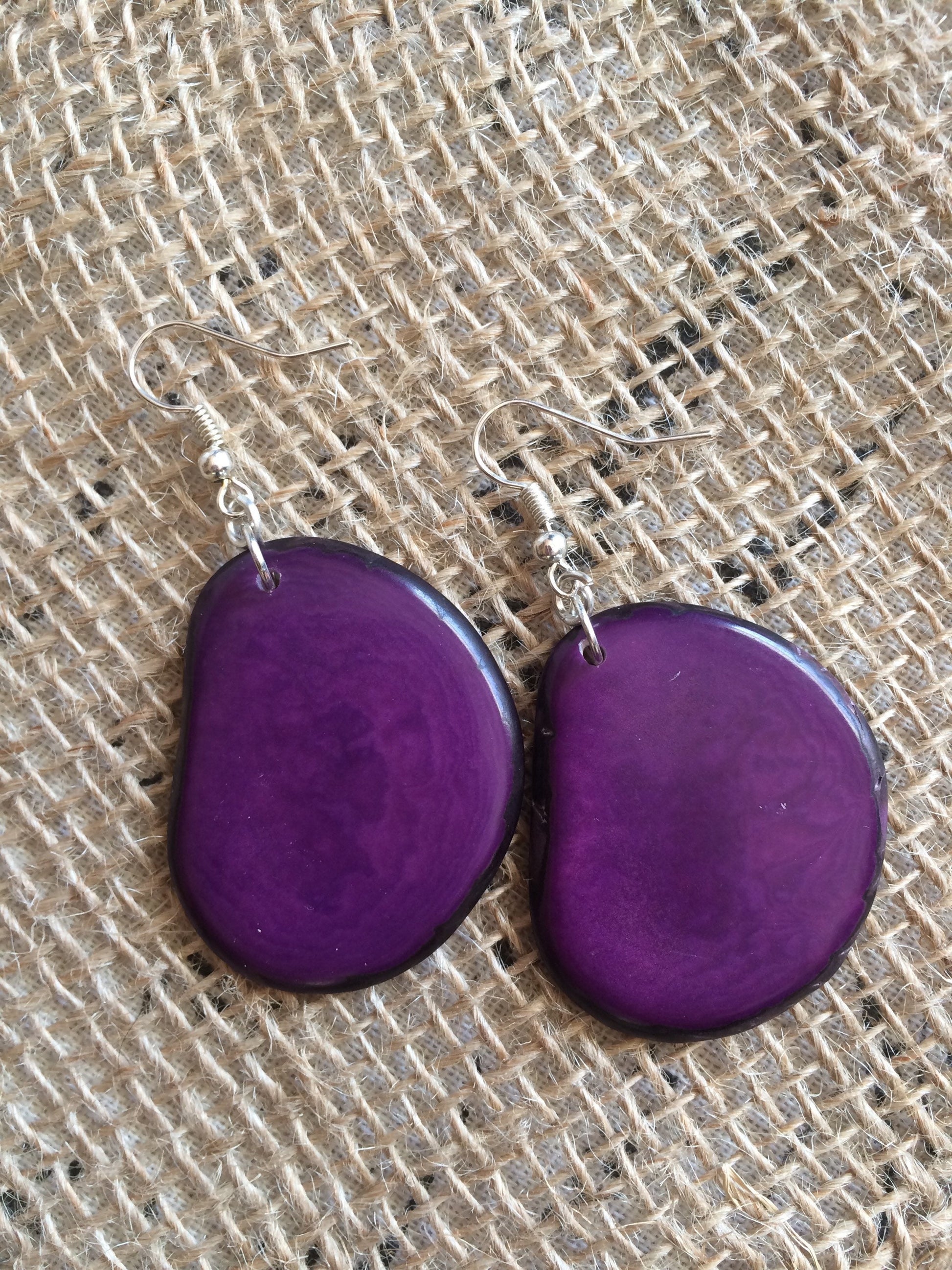 Tagua earrings Big purple earrings dangle Easter jewelry Artisan handmade beads from Ecuador Lightweight dangles Spring fashion style