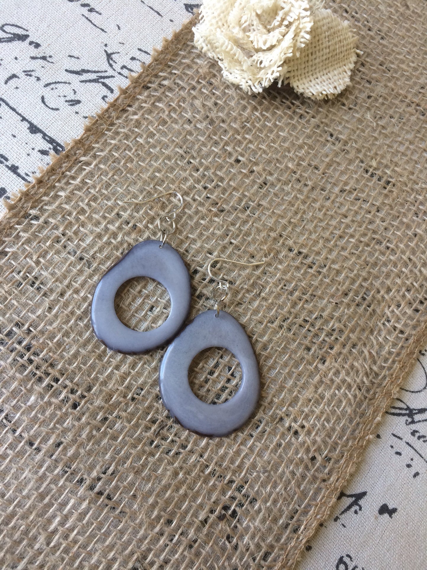 Hoop Tagua nut earrings Big gray earrings Unusual oversized earrings Modern mod hoops Summer fashion trend Beach style Lightweight drops