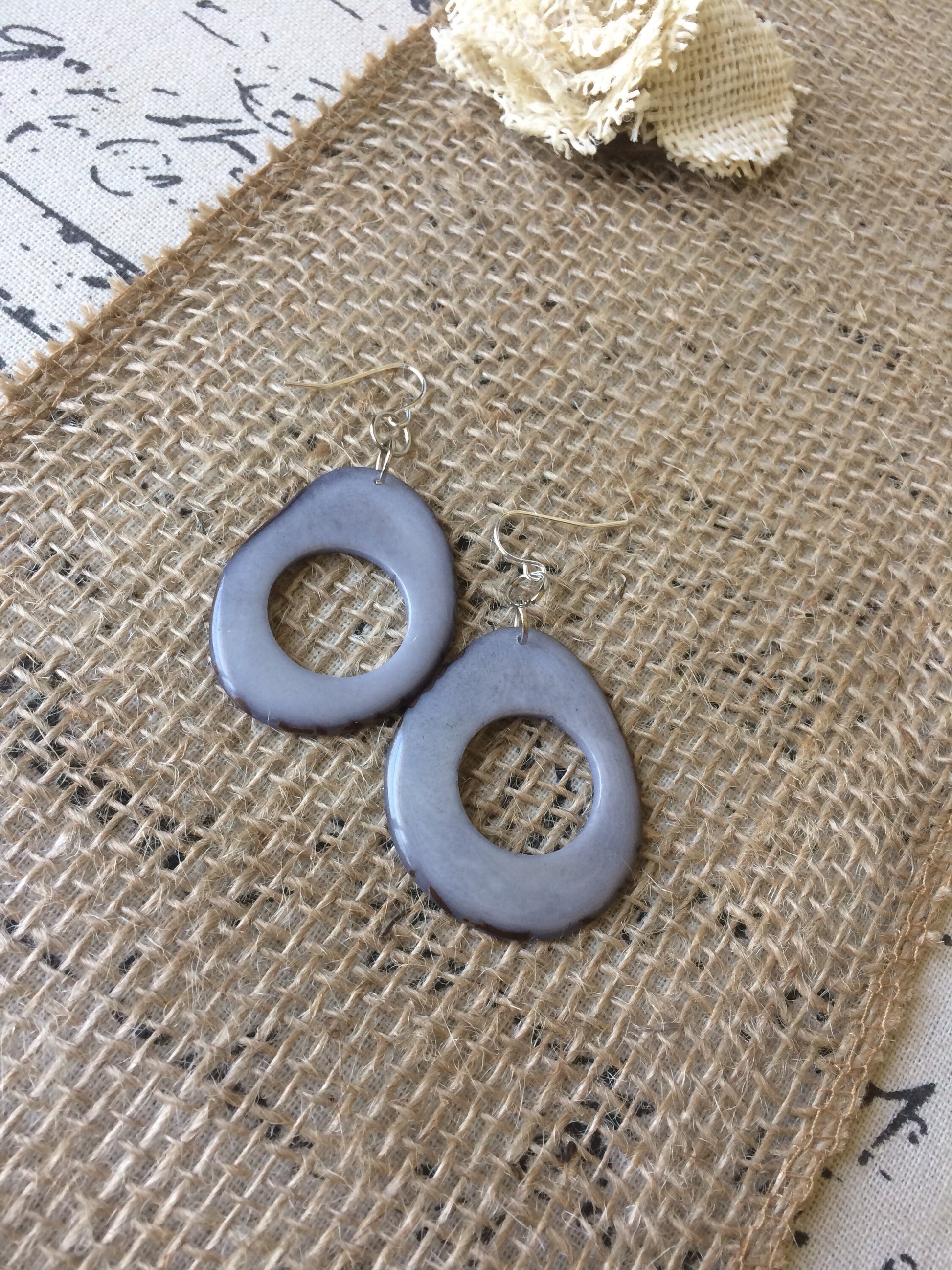 Hoop Tagua nut earrings Big gray earrings Unusual oversized earrings Modern mod hoops Summer fashion trend Beach style Lightweight drops