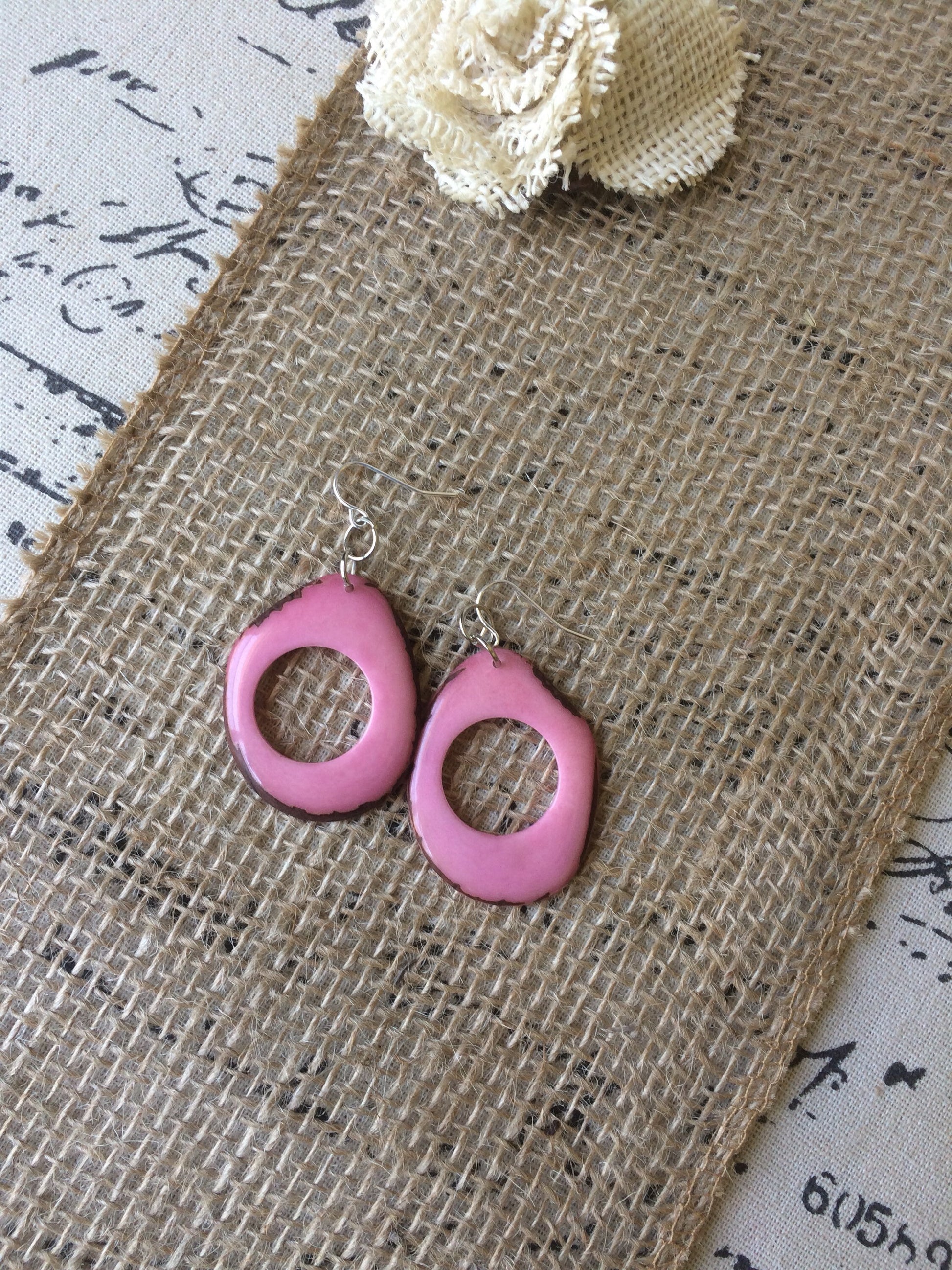 Tagua earrings Pink statement earring Cutout dangles Boho earrings Xmas trendy fashion Handmade in Ecuador Big mod drops Stocking stuffers