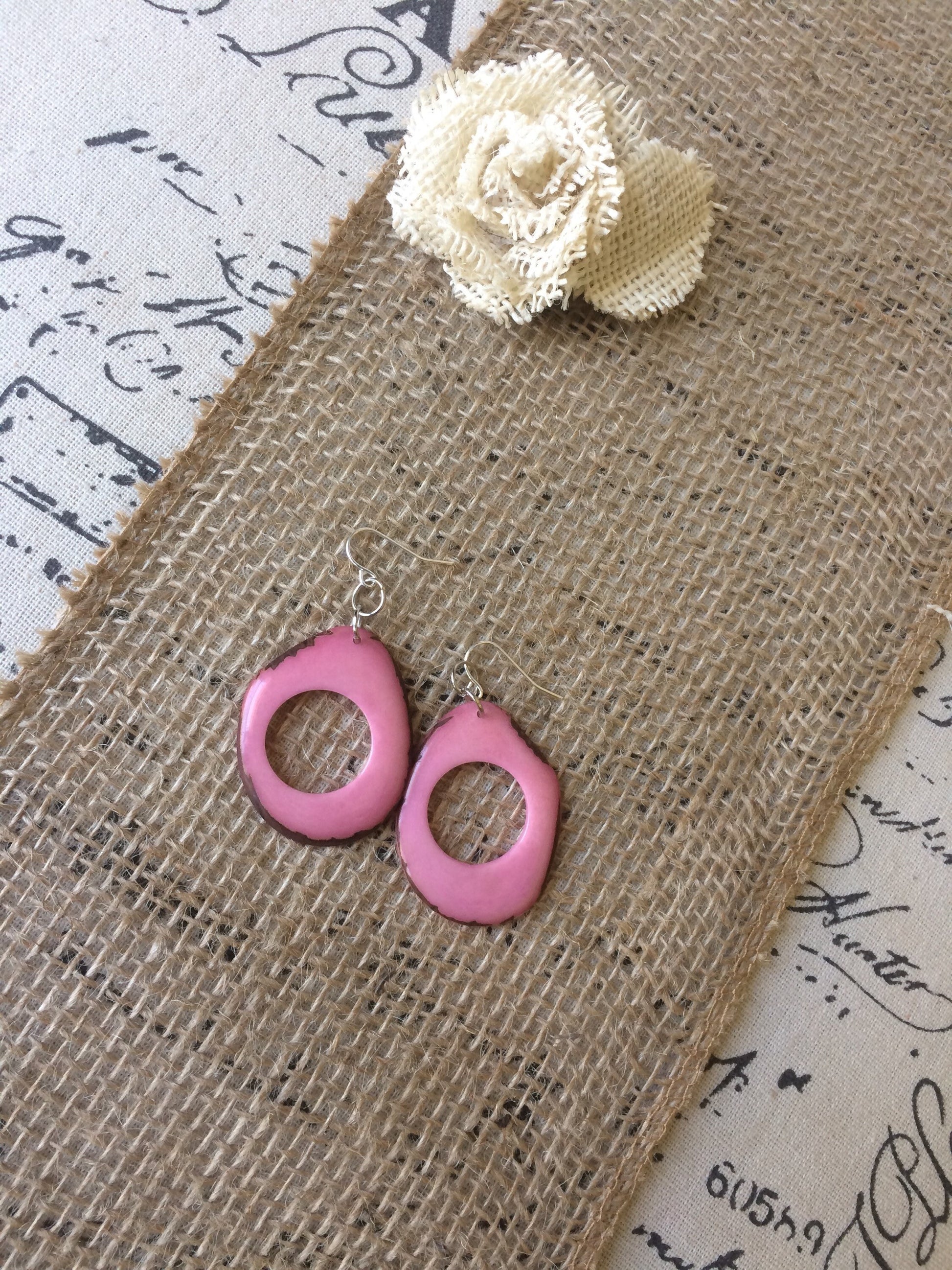Tagua earrings Pink statement earring Cutout dangles Boho earrings Xmas trendy fashion Handmade in Ecuador Big mod drops Stocking stuffers