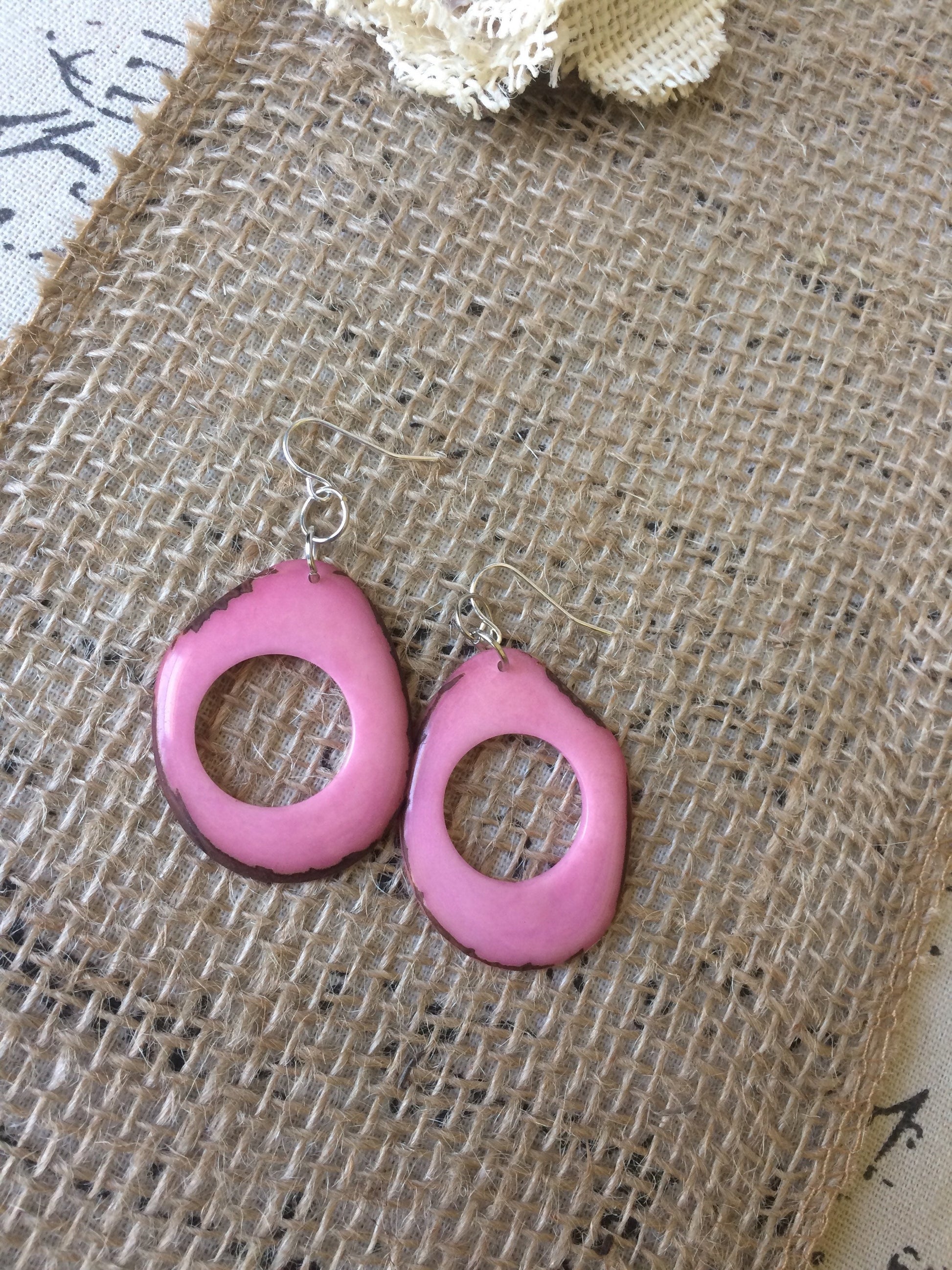 Tagua earrings Pink statement earring Cutout dangles Boho earrings Xmas trendy fashion Handmade in Ecuador Big mod drops Stocking stuffers