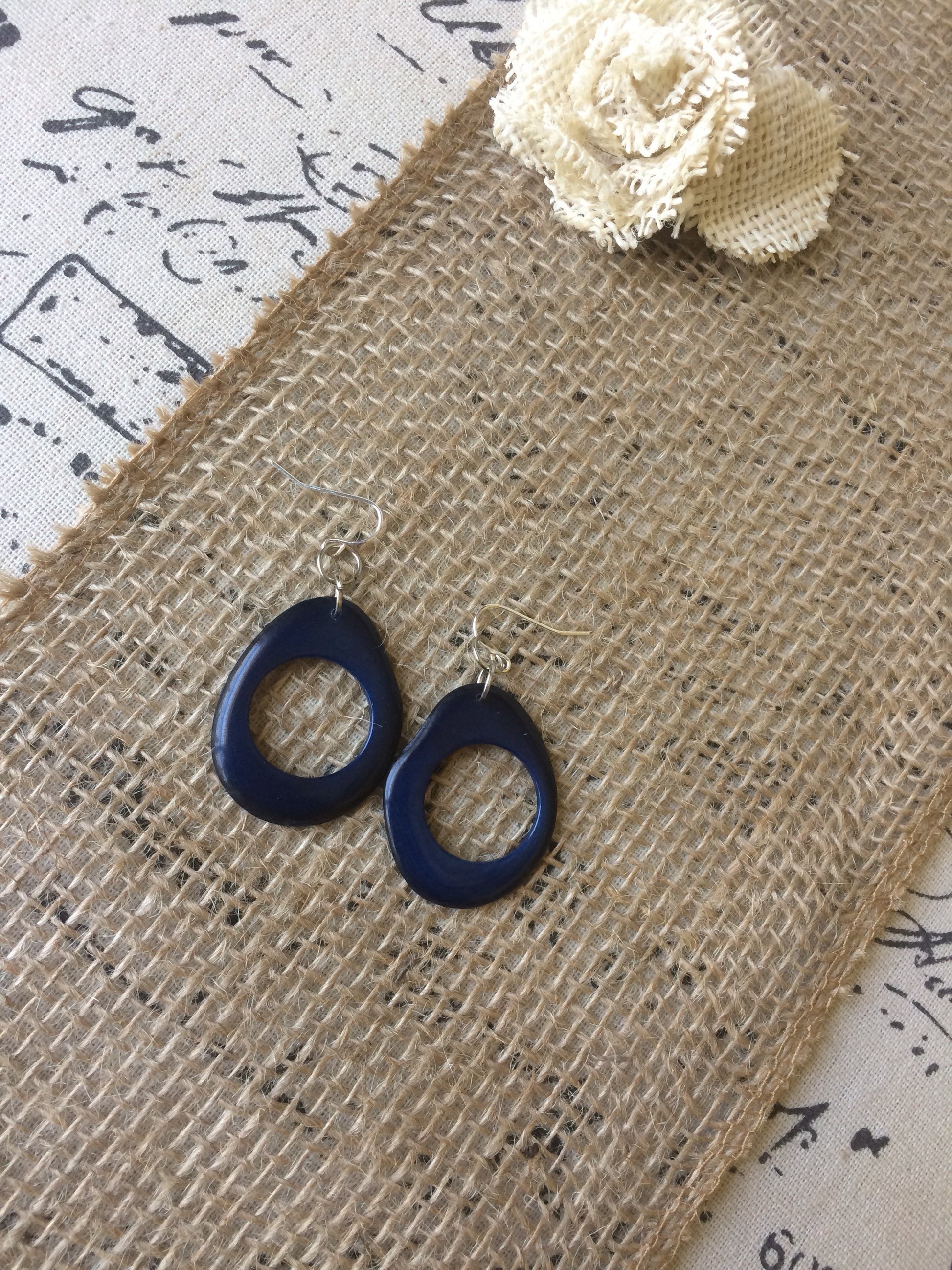 Big blue hoop earrings Tagua nut jewelry Oversized huge earrings Unusual Light weight earrings Large dangles Fall fashion Stocking stuffers