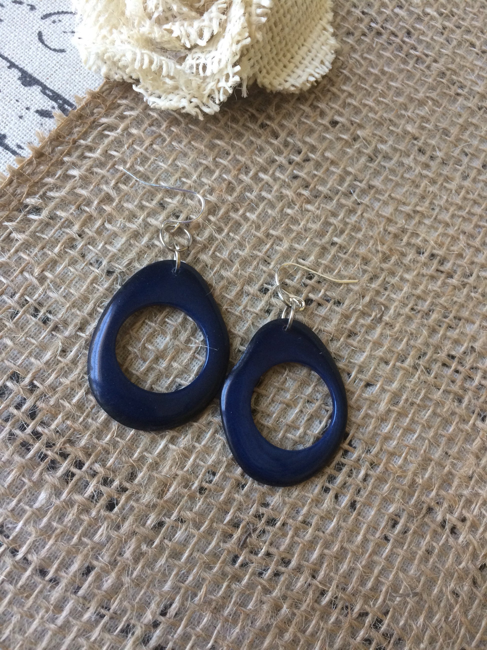 Big blue hoop earrings Tagua nut jewelry Oversized huge earrings Unusual Light weight earrings Large dangles Fall fashion Stocking stuffers