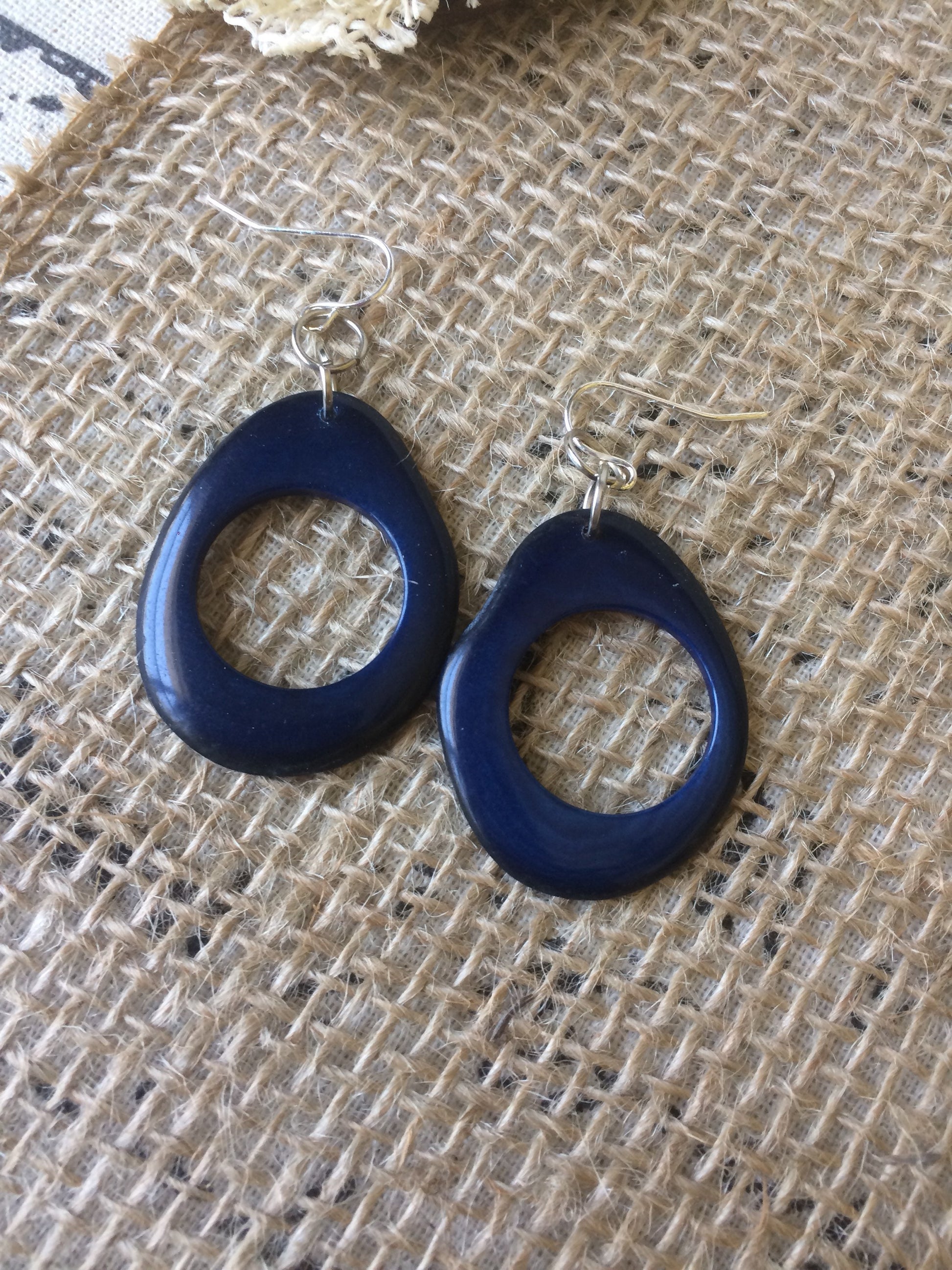 Big blue hoop earrings Tagua nut jewelry Oversized huge earrings Unusual Light weight earrings Large dangles Fall fashion Stocking stuffers