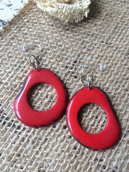 Tagua earrings Big red earrings Statement hoops Beaded handmade Artisan handmade beads Mod dangles Fall fashion Christmas Stocking stuffers