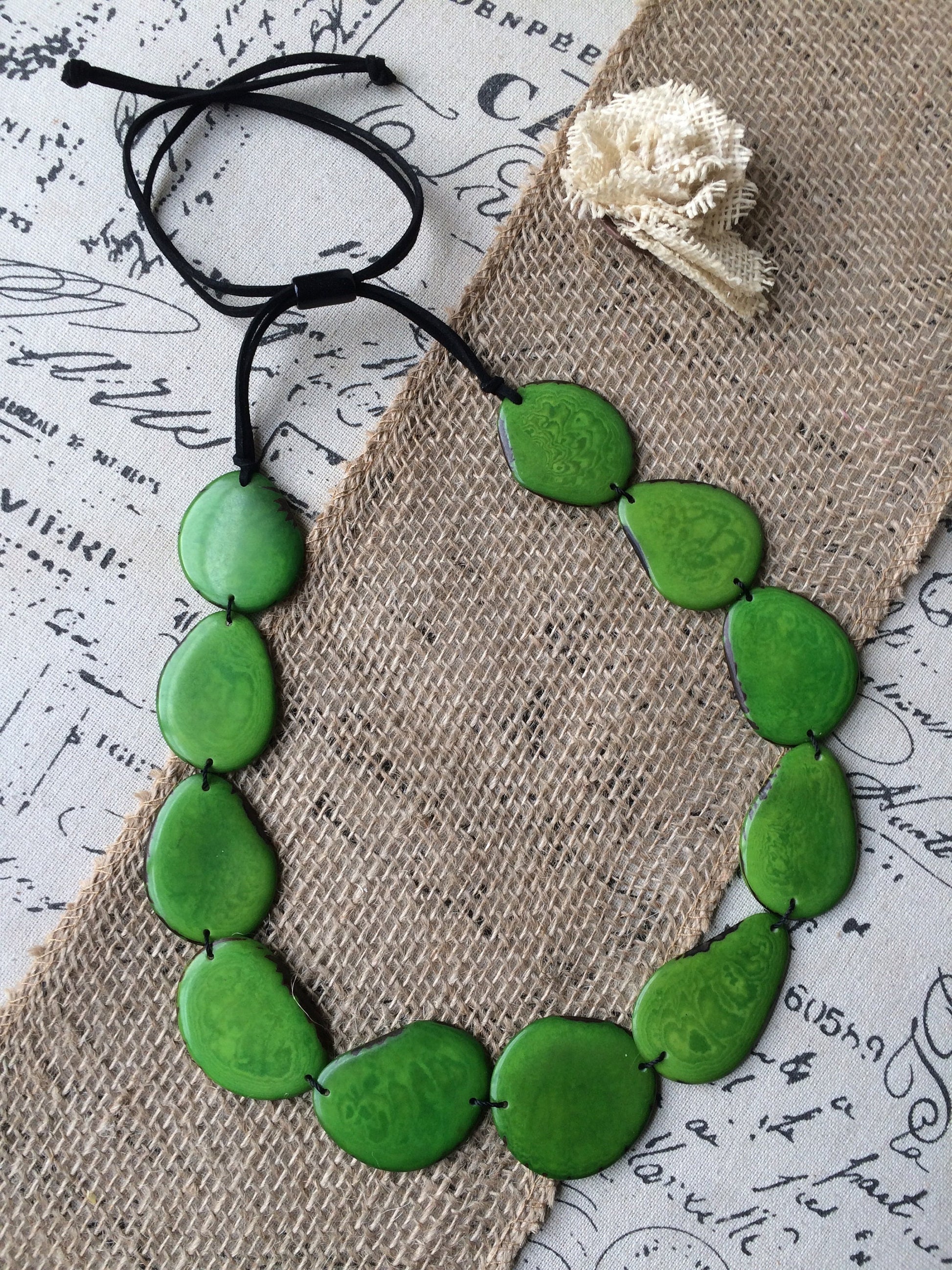 Green Emerald necklace Tagua nut jewelry Long bib collar with adjustable leather straps Single layer beaded necklace Spring fashion trends