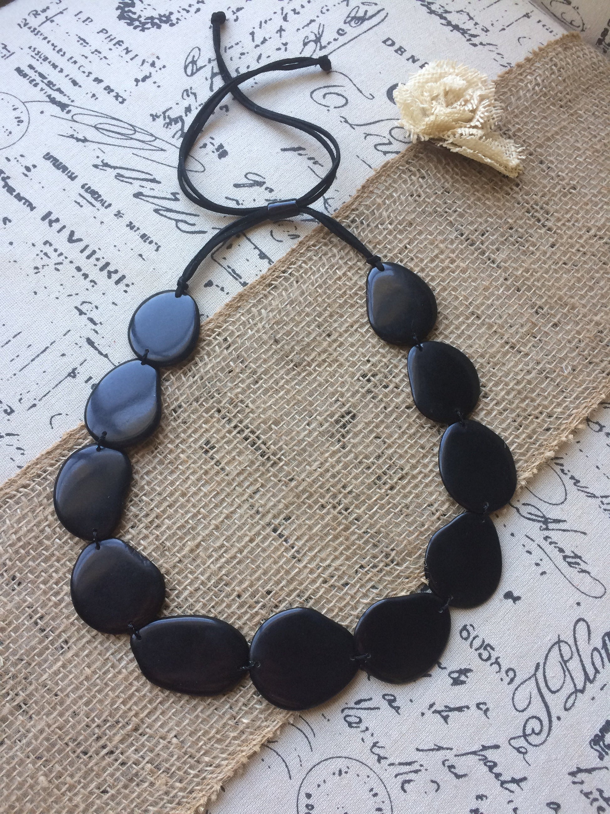Black single strand statement necklace Tagua nut jewelry Big bold chunky necklace Handmade collar with adjustable leather strap Huge beads