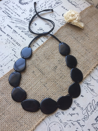 Black single strand statement necklace Tagua nut jewelry Big bold chunky necklace Handmade collar with adjustable leather strap Huge beads