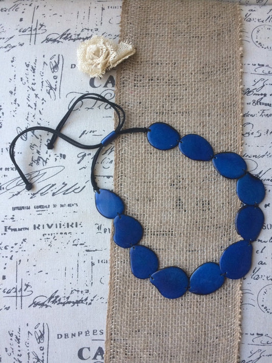 Navy blue single strand statement necklace Tagua necklace Big handmade bead Long huge oversized bead collar Fall fashion trend For Christmas