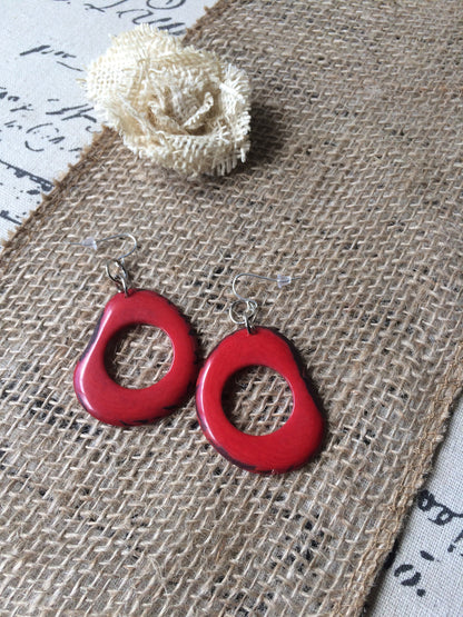 Tagua earrings Big red earrings Statement hoops Beaded handmade Artisan handmade beads Mod dangles Fall fashion Christmas Stocking stuffers