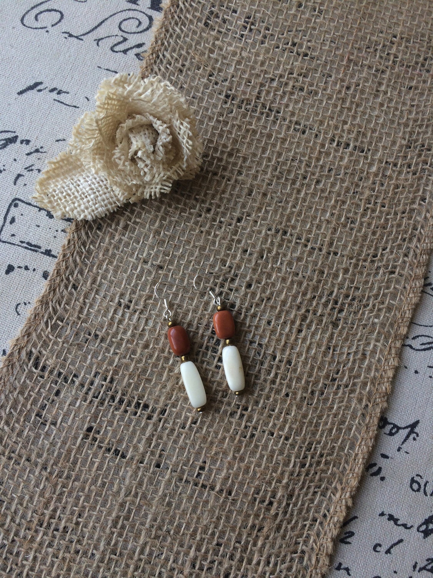 Brown and beige tube bead earrings Tagua jewelry Summer fashion trends Geometric jewelry Long dangles and drop Handmade and lightweight