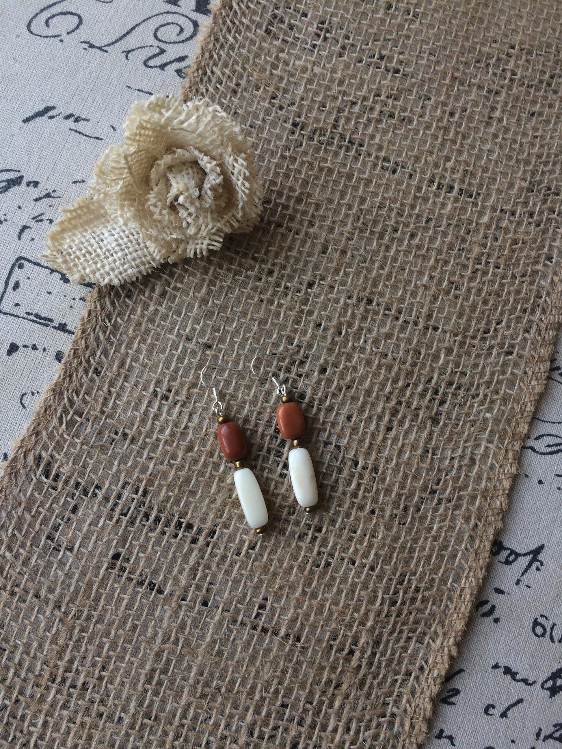 Brown and beige tube bead earrings Tagua jewelry Summer fashion trends Geometric jewelry Long dangles and drop Handmade and lightweight