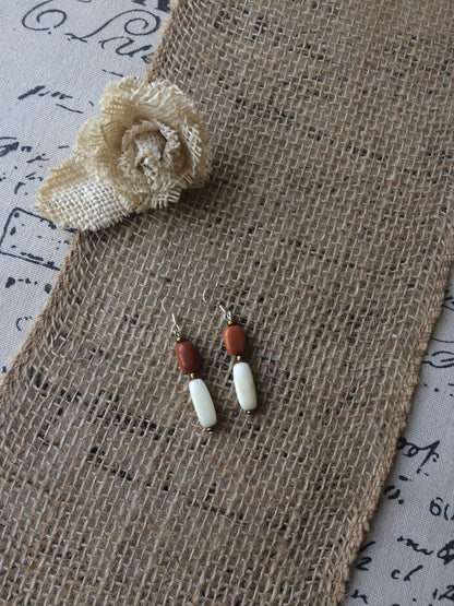 Brown and beige tube bead earrings Tagua jewelry Summer fashion trends Geometric jewelry Long dangles and drop Handmade and lightweight