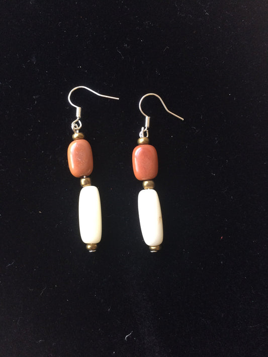 Brown and beige tube bead earrings Tagua jewelry Summer fashion trends Geometric jewelry Long dangles and drop Handmade and lightweight