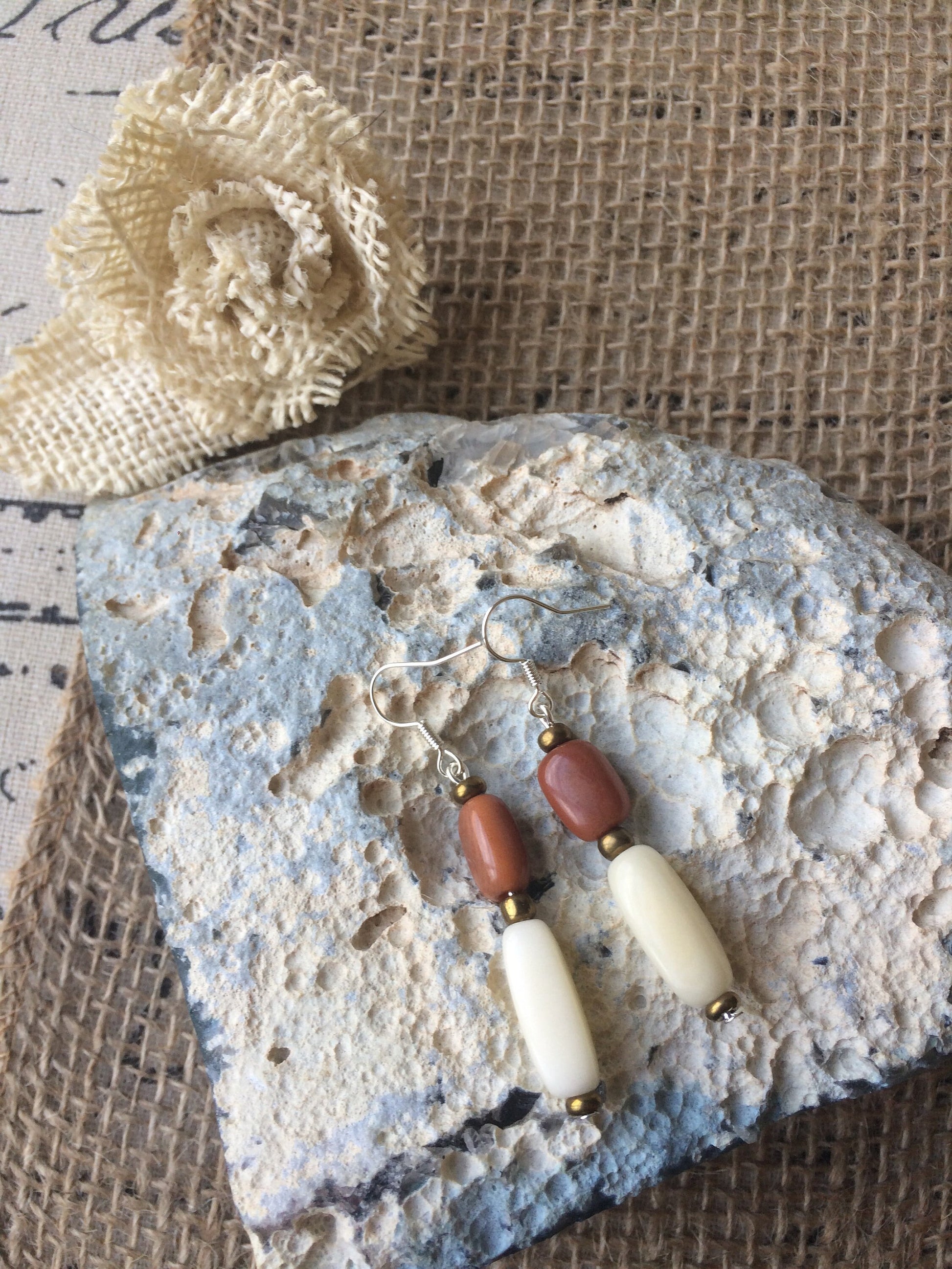 Brown and beige tube bead earrings Tagua jewelry Summer fashion trends Geometric jewelry Long dangles and drop Handmade and lightweight