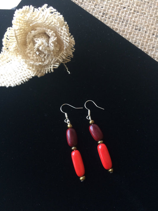 Red dangle earrings Tagua nut jewelry Geometric jewelry Long drops Lightweight dangle earrings Artisan made Fall fashion trends