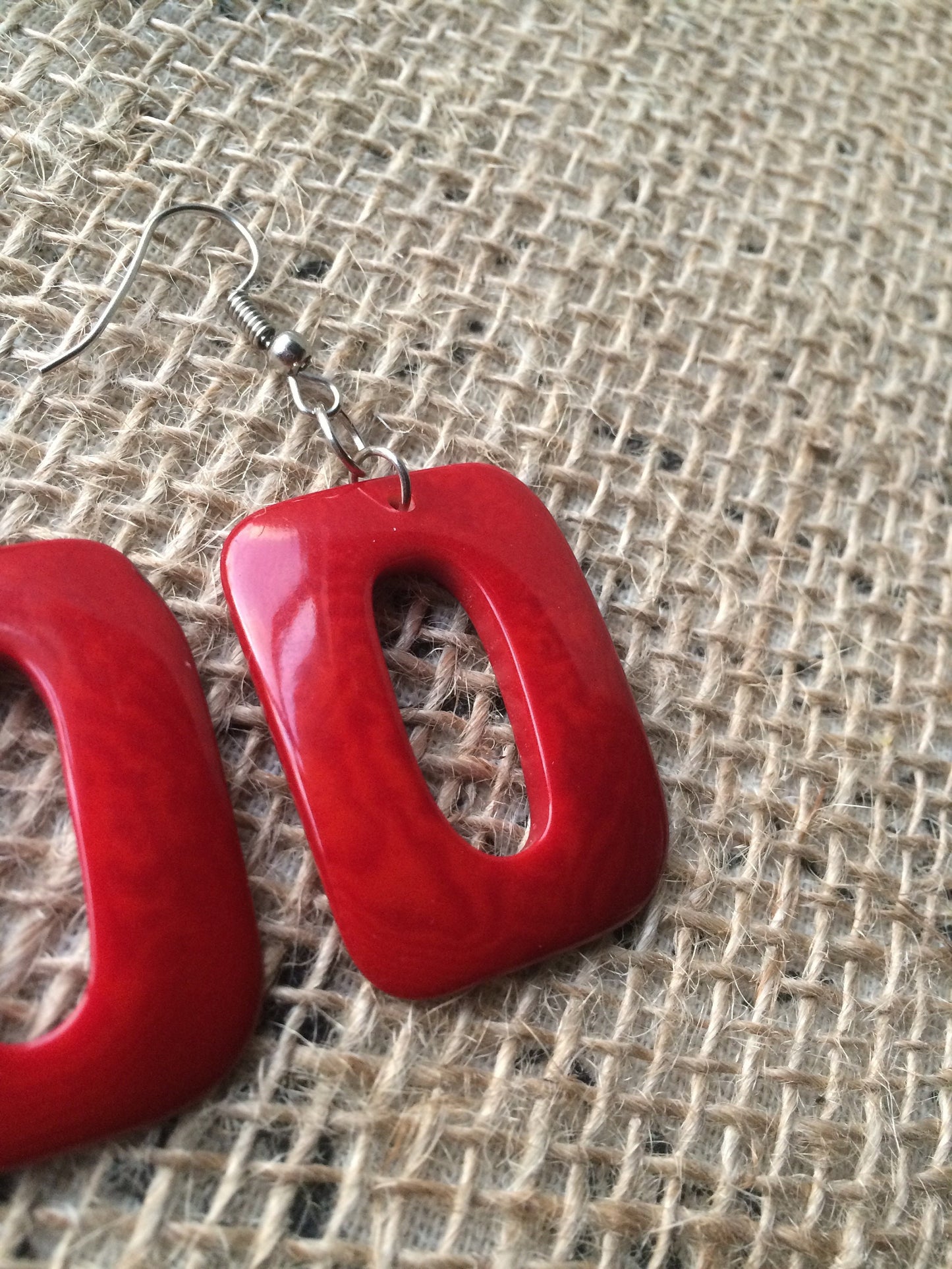 Red geometric earrings Tagua jewelry Mod boho earrings Fall fashion trends Rectangle jewelry Long dangles Anniversary gifts for wife