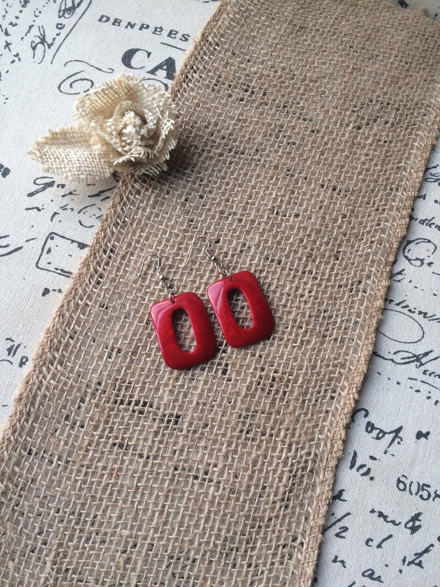 Red geometric earrings Tagua jewelry Mod boho earrings Fall fashion trends Rectangle jewelry Long dangles Anniversary gifts for wife