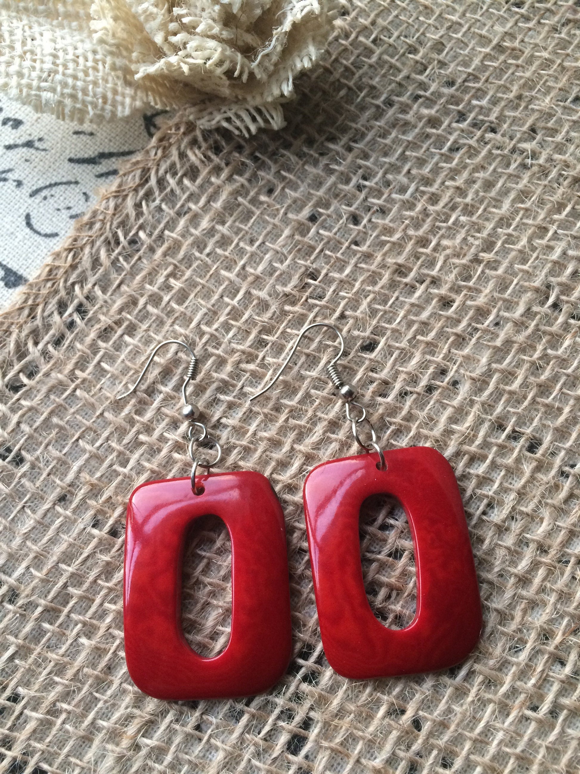 Red geometric earrings Tagua jewelry Mod boho earrings Fall fashion trends Rectangle jewelry Long dangles Anniversary gifts for wife
