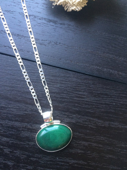 925 Sterling Silver Pendant with Green Tagua in Figaro chain Oval Cabochon Statement fine jewelry Dainty necklace Anniversary gifts for wife