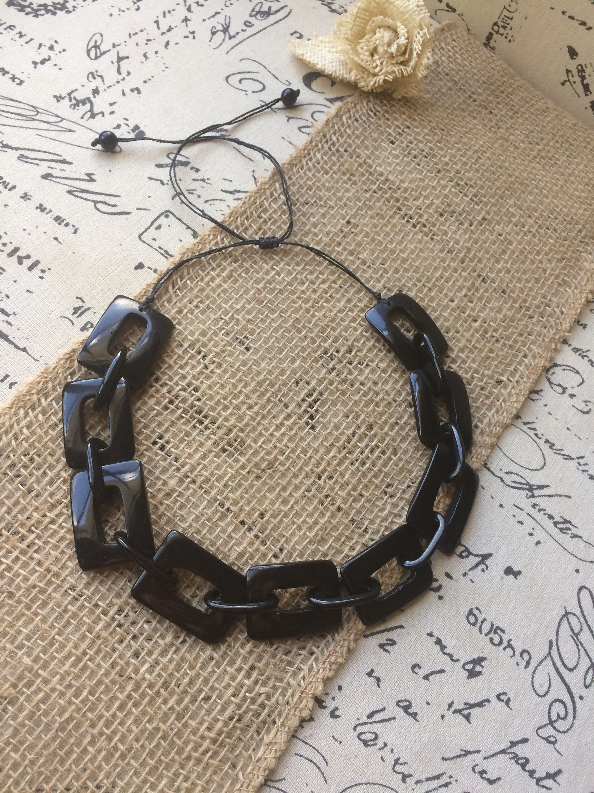 Black chunky chain link necklace Tagua nut jewelry Oversized beads Geometric statement necklace Adjustable Fall fashion trends