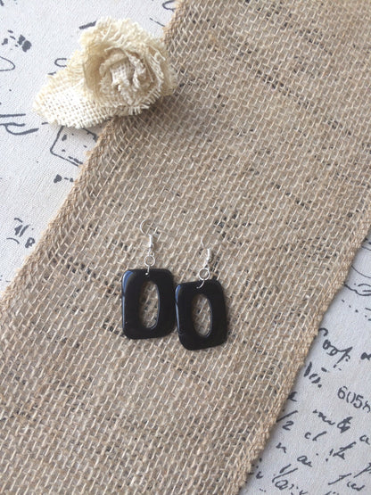 Black geometric earrings Long dangles Tagua nut jewelry Mod boho earrings Rectangle jewelry Statement jewellery Spring fashion trends