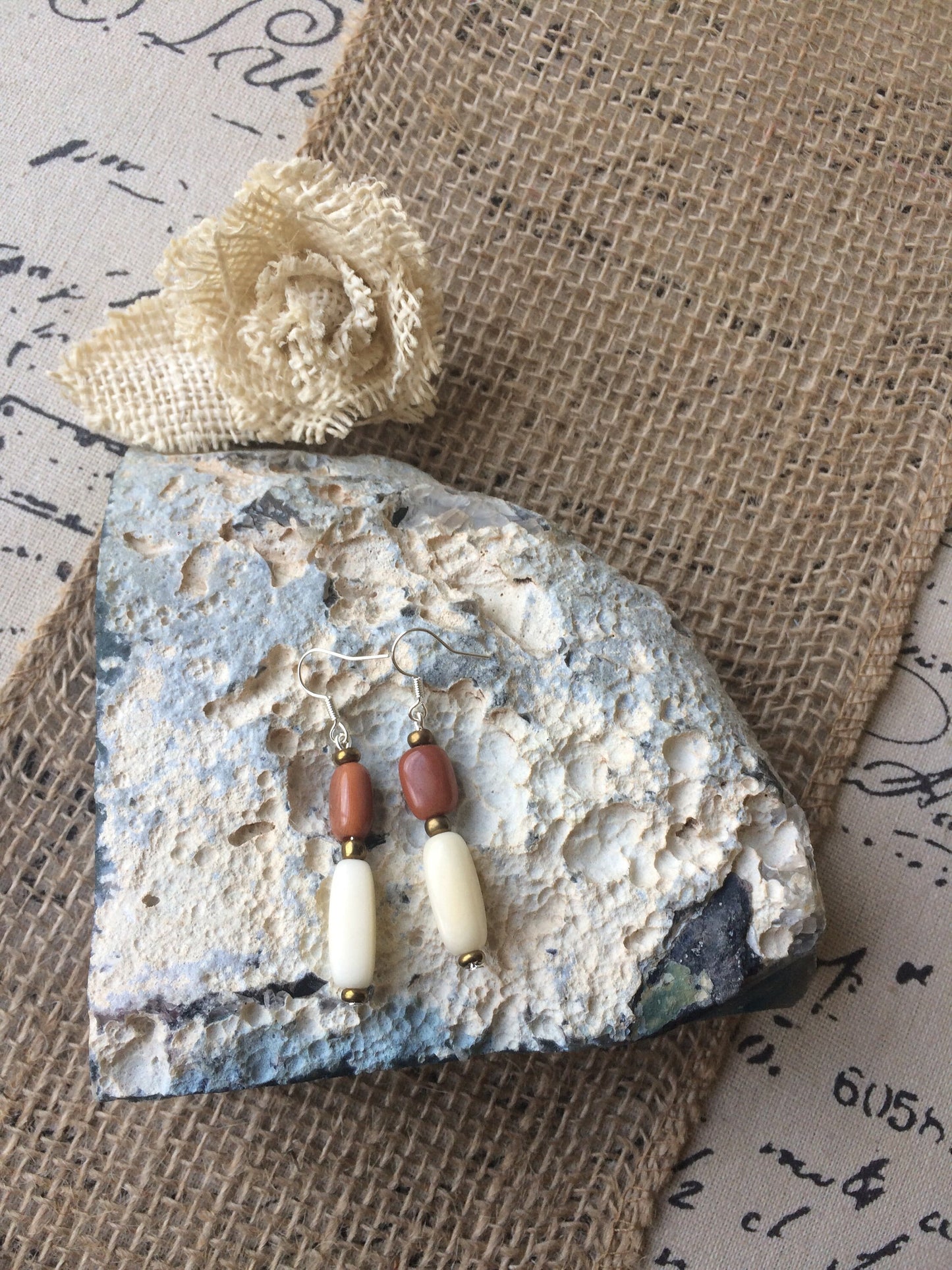 Brown and beige tube bead earrings Tagua jewelry Summer fashion trends Geometric jewelry Long dangles and drop Handmade and lightweight
